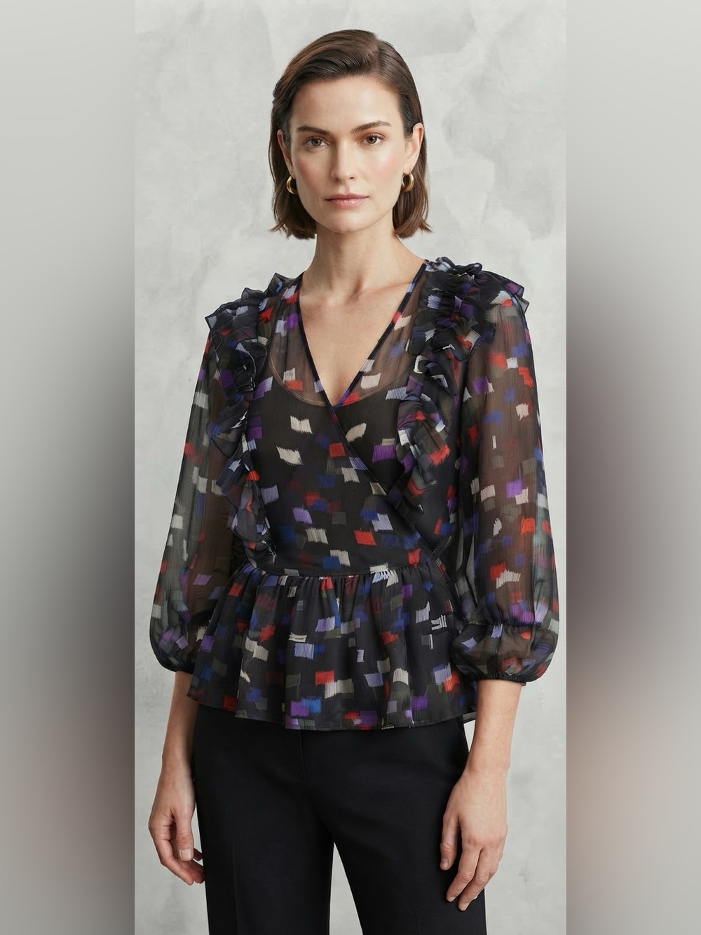 Joie 100% Silk Sample Abstract Confetti Print Ruffled Wrap Blouse Top